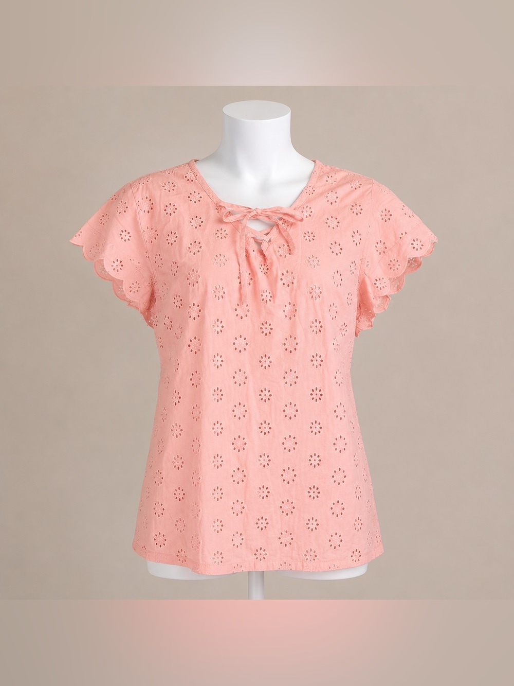 Lane Bryant 18/20 Pink Eyelet Lace-Up Flutter Sleeve Top